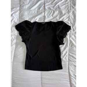 Steve Madden Olina Womens Top Medium Black Polyester Flutter Sleeve Pullover